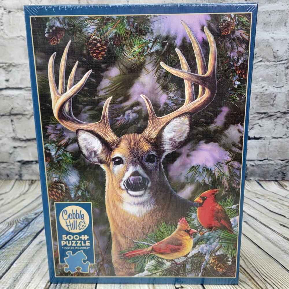 Cobble Hill One Deer Two Cardinals 500 Piece Puzzle Wildlife Winter Nature 85014